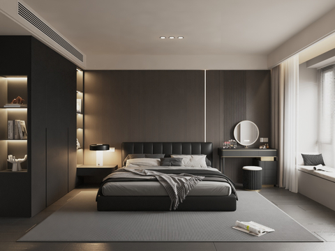 意式卧室 无主灯卧室 家居卧室 黑色风格卧室 双人床 现代卧su模型