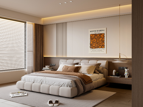 现代卧室 布艺双人床 床头柜 吊灯 挂画 地毯su模型