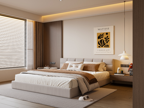 现代卧室 布艺双人床 床头柜 吊灯 挂画 地毯su模型