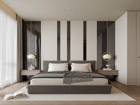 现代卧室 双人床 床头吊灯su模型