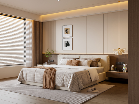 现代卧室 布艺双人床 床头柜 吊灯 挂画 地毯su模型