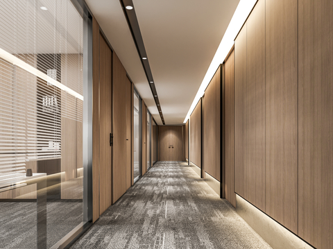 办公过道走廊 办公区过道走廊 公司过道走廊 木板门玻璃隔断su模型