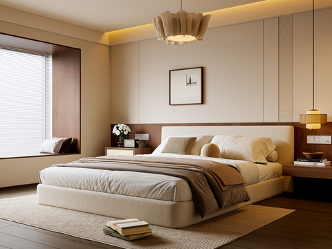 中古风卧室 布艺双人床 床头柜 吊灯 挂画 地毯su模型