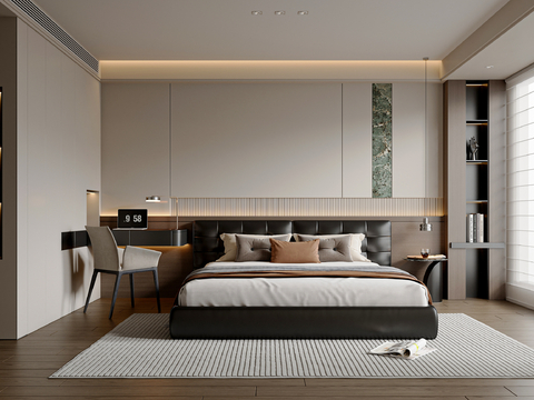 现代简约卧室 皮质双人床 书桌椅组合 衣柜 床头柜 主卧床su模型