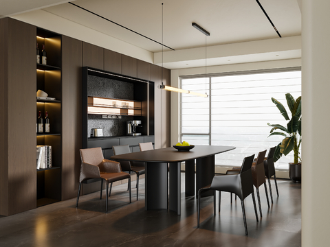 现代意式餐厅 餐桌椅 吊灯 餐边柜su模型