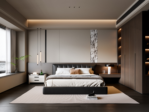 意式卧室 皮质双人床 床头柜 吊灯 地毯su模型