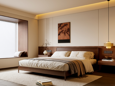 中古风卧室 实木双人床 床头柜 吊灯 挂画 地毯su模型