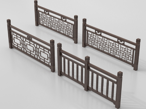 新中式栏杆护栏 栅栏围栏 实木围栏护栏 扶手su模型