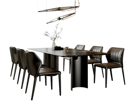 现代餐桌椅组合 餐椅 餐桌 吊灯 餐桌摆件su模型