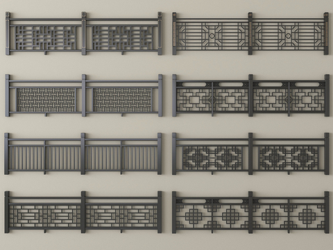 新中式栏杆护栏 栅栏围栏 实木围栏护栏 扶手su模型