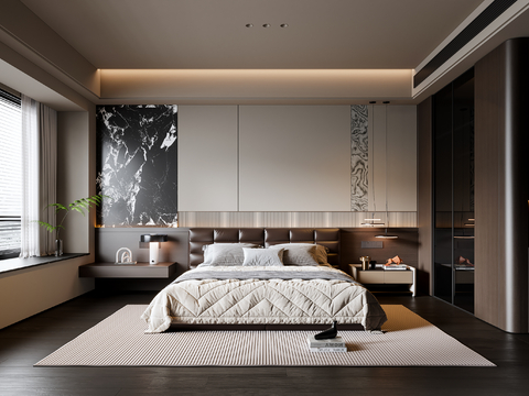 现代意式卧室 皮质双人床 床头柜 吊灯 地毯su模型