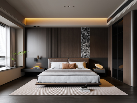 现代意式卧室 皮质双人床 床头柜 吊灯 地毯su模型