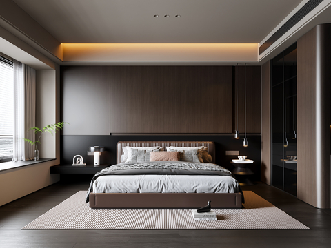 现代意式卧室 皮质双人床 床头柜 吊灯 地毯su模型