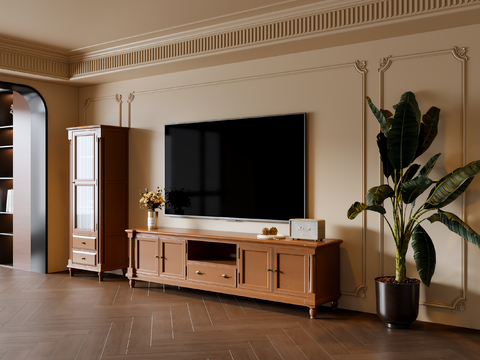 法式中古风电视柜 电视机 斗柜 盆栽 饰品摆件su模型su模型