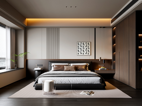 现代意式卧室 皮质双人床 床头柜 吊灯 挂画 地毯su模型