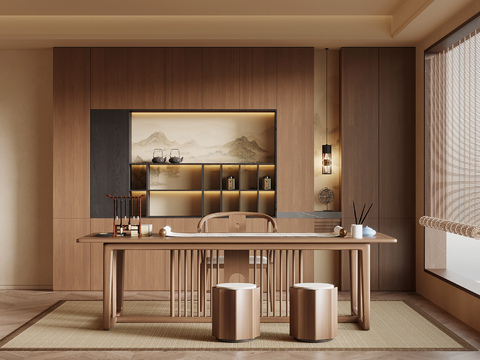 新中式书房 书柜 书桌椅su模型