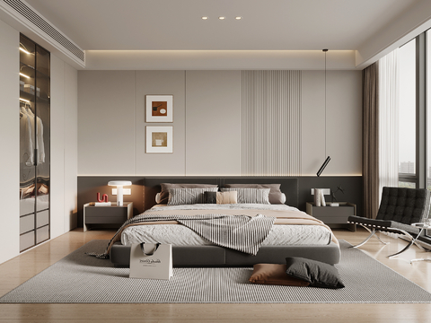 现代简约卧室 主卧 双人床 床头柜 衣柜su模型