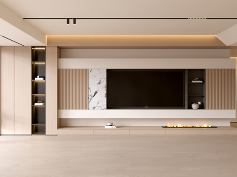 现代客厅 奶油客厅 电视背景墙 客厅背景 奶油风背景墙su模型