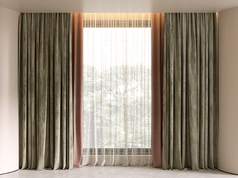 现代布艺窗帘 落地窗帘 遮阳帘 纱帘su模型