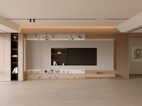 现代客厅 奶油客厅 电视背景墙 客厅背景 奶油风背景墙su模型