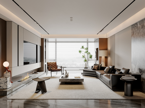 现代意式客厅 沙发茶几 电视背景墙 多人沙发 休闲椅 落地灯su模型