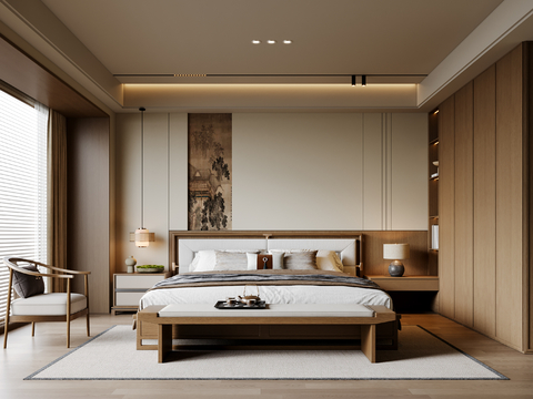 新中式宋式风卧室 实木双人床 床头柜 吊灯 休闲椅 地毯su模型