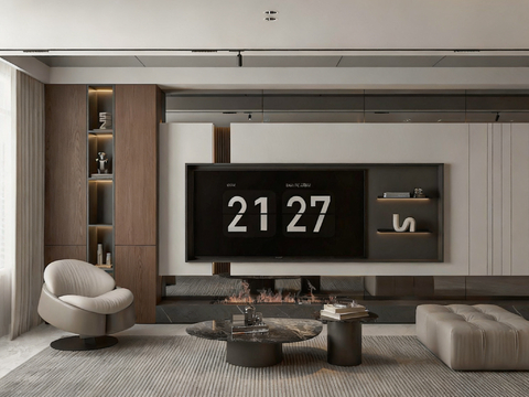 意式轻奢客餐厅 大平层豪宅客餐厅 客餐厨一体化 皮质沙发su模型