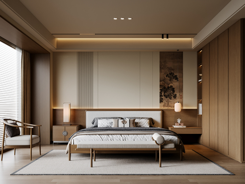 新中式宋式风卧室 实木双人床 床头柜 吊灯 休闲椅 地毯su模型