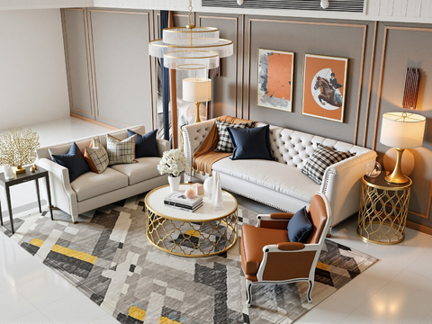 简欧轻奢沙发组合 沙发 茶几 休闲椅 吊灯 装饰画 客厅su模型