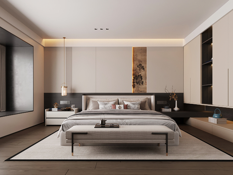 新中式卧室 双人床 衣柜su模型