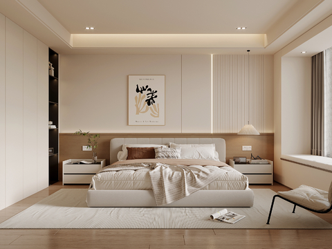 现代简约卧室 主卧 双人床 床头柜 衣柜su模型