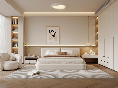 现代奶油风卧室 主卧 双人床 床头柜 衣柜su模型