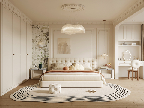 法式奶油风卧室 双人床 床头柜 衣柜 梳妆台su模型