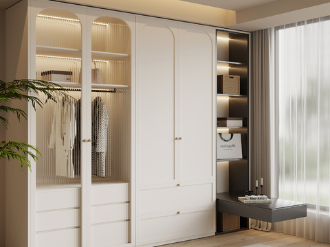 法式奶油风衣柜 床头柜 一体柜su模型su模型