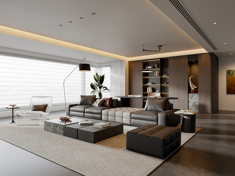 现代意式客厅 沙发茶几 书桌椅 书柜 多人沙发 休闲椅 地毯su模型