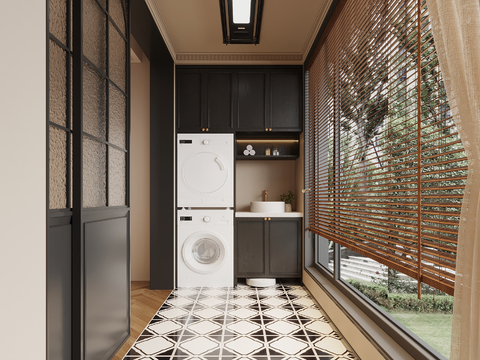  法式复古风阳台 洗衣机柜 阳台柜su模型 