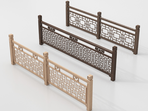 新中式栏杆护栏 栅栏围栏 实木围栏护栏su模型