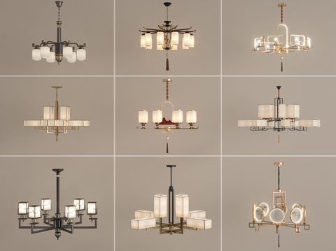  新中式吊灯su模型 