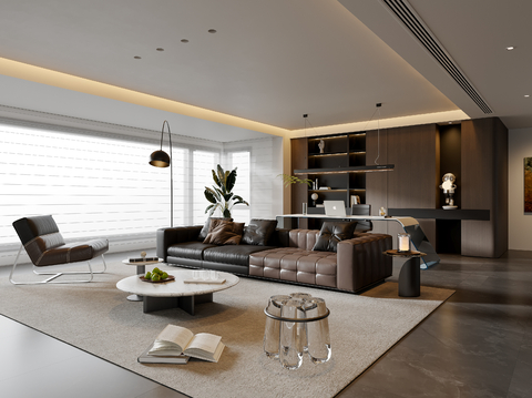 现代意式客厅 沙发茶几 书桌椅 书柜 吊灯 落地灯 地毯su模型