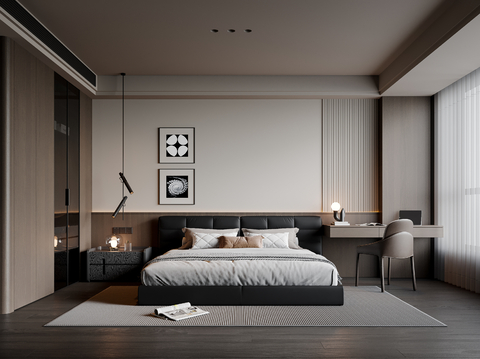 现代意式卧室 皮质双人床 床头柜 吊灯 挂画 书桌椅 衣柜su模型