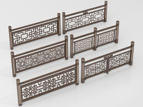 新中式栏杆护栏 栅栏围栏 实木围栏护栏su模型