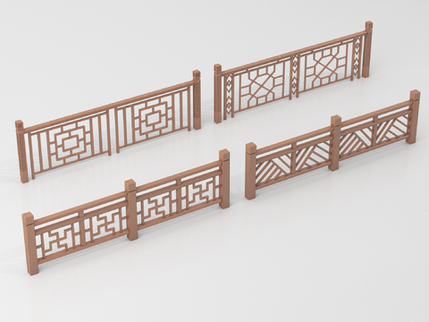 新中式栏杆护栏 栅栏围栏 实木围栏护栏su模型