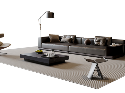 现代意式沙发茶几组合 多人沙发 皮质沙发 休闲椅 地毯su模型