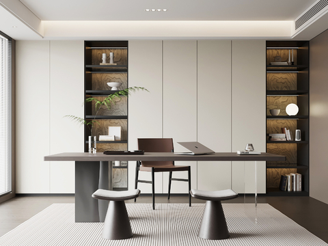 现代意式书房 书桌椅 书柜su模型