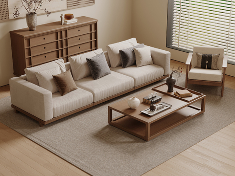 宋式沙发 多人沙发 直排沙发 三人沙发 边几su模型