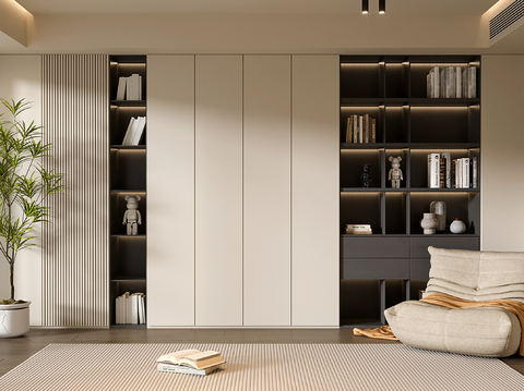 现代定制书柜 满墙开放书柜su模型