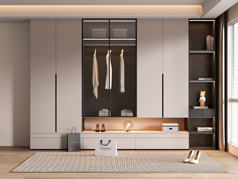 现代定制衣柜 开方格 玻璃门su模型