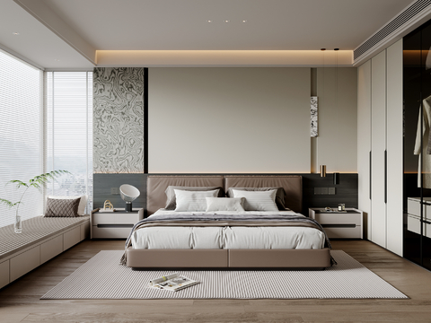 现代简约卧室 皮质双人床 床头柜 吊灯 衣柜 地毯su模型