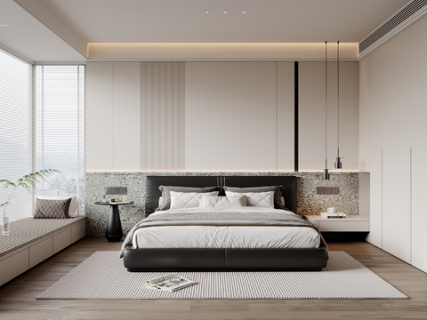 现代简约卧室 皮质双人床 床头柜 吊灯 衣柜 地毯su模型