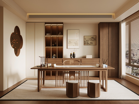 新中式书房 书桌椅 书柜su模型